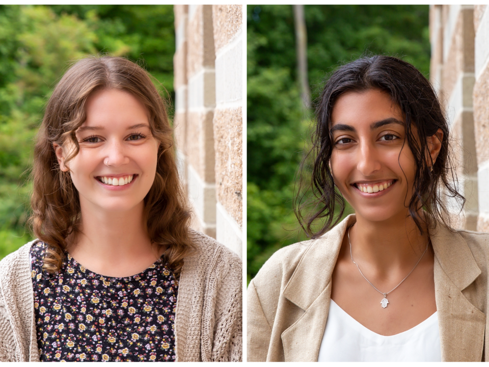 Headshots of Sarah Endyke on left and Nicole Ibrahim on the right, Both are posed by rock wall of App Lab with greenery in background. 