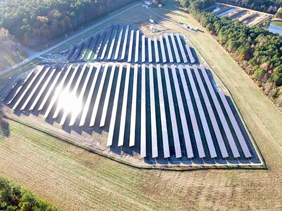 An aerial view of the solar field at Horn Point Laboratory.