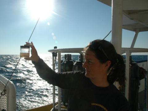 Brianne Walsh takes zooplankton sample from the Gulf of Mexico to investigate what is able to eat the red tide organism Karenia brevis.