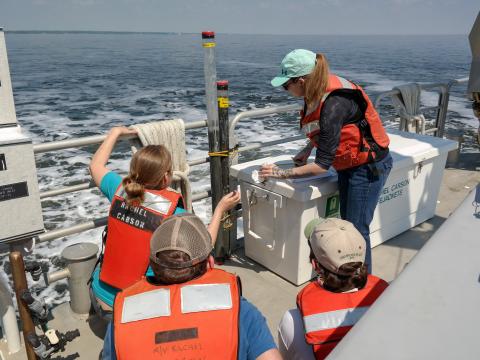 Students look at a sediment core from the Chesapeake Bay aboard the Rachel Carson research vessel