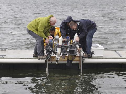 Lowering nutrient sensing equipment into the Patuxent River