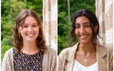 Headshots of Sarah Endyke on left and Nicole Ibrahim on the right, Both are posed by rock wall of App Lab with greenery in background. 