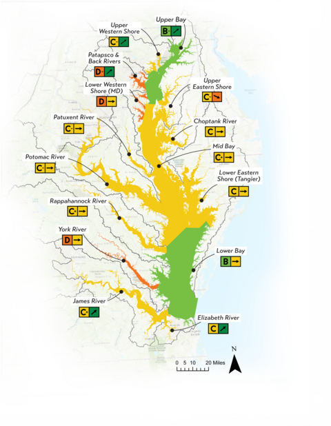 A map of the Chesapeake Bay environmental health ratings.