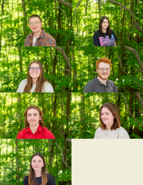 Headshots of seven interns in collage with blurred greenery in background.