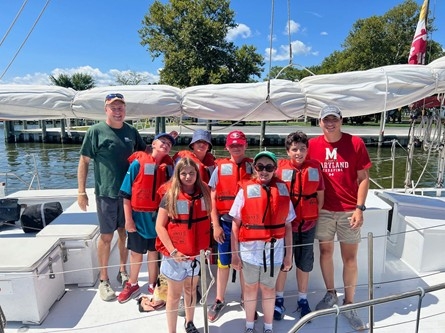 Group of children on a boat at 2024 Toadfish Adventure Camp